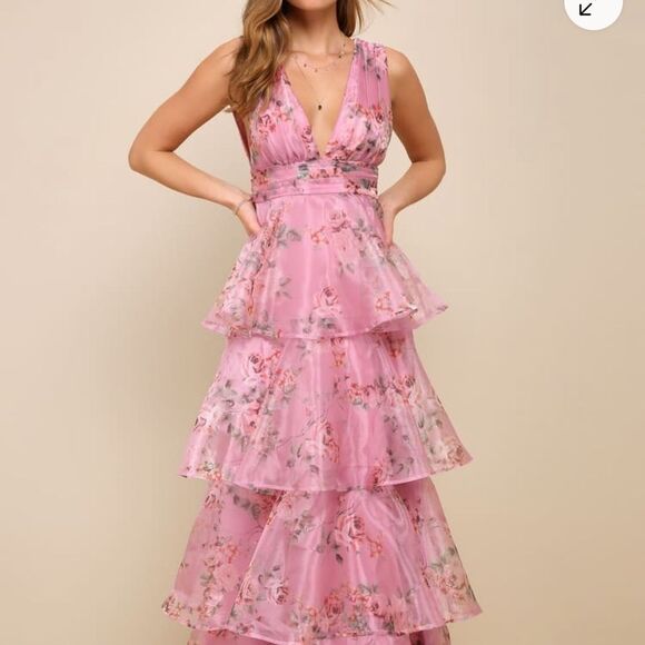 Lulus Dresses & Skirts - Lulu’s Garden Radiance Pink Floral Print Organza Tiered Maxi Dress
